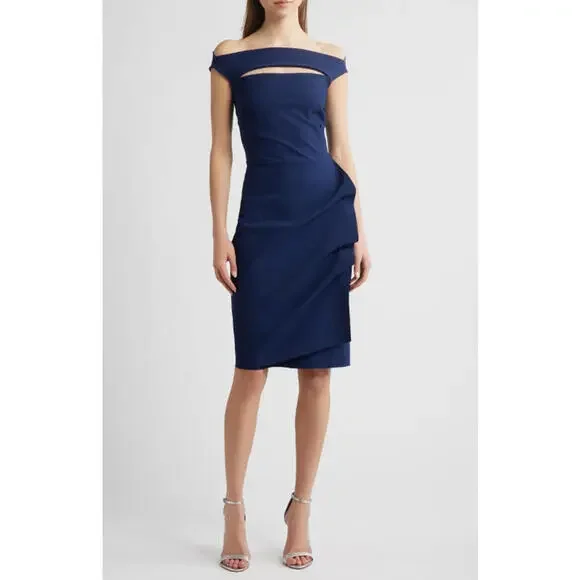 NEW, Chiara Boni Melania Short Off-The-Shoulder Dress Blue Notte SZ 48 #MD0136